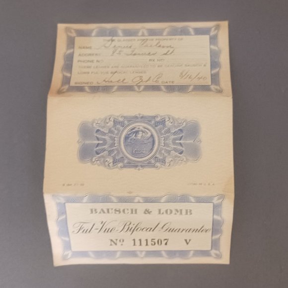 Vintage 1940 Authentic Bausch & Lomb Ful-View Bifocals With Original Paperwork - Picture 3 of 14